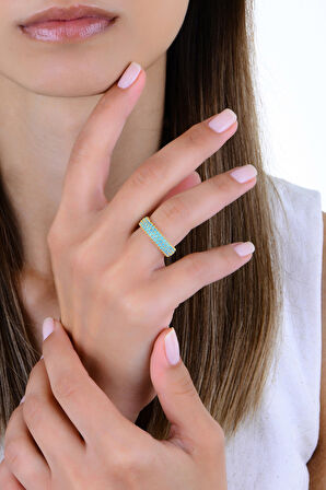 Gümüş altın yaldızlı turkuaz taşlı 3 sıra tamtur yüzük 