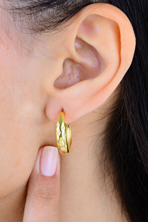 Gümüş altın yaldızlı zirkon taşlı ay ve yıldız desenli halka küpe SGTL12993GOLD