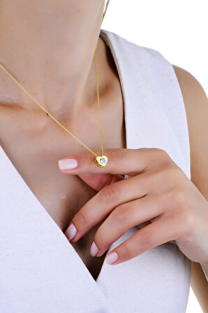 Gümüş altın yaldızlı zirkon tek taş kalp modeli kolye SGTL13001KALP