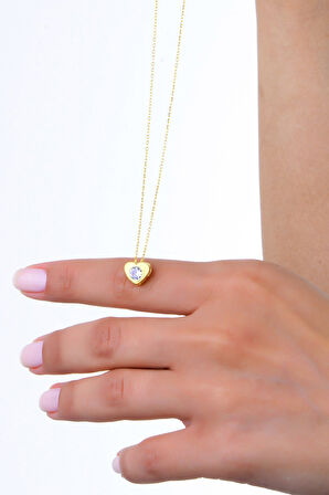 Gümüş altın yaldızlı zirkon tek taş kalp modeli kolye SGTL13001KALP