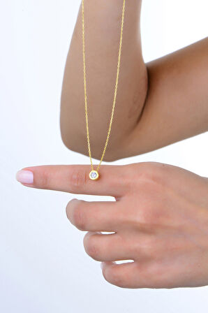 Gümüş altın yaldızlı zirkon tek taş yuvarlak kolye SGTL13001YVLK