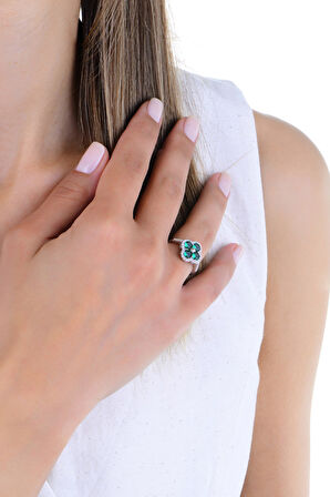 Gümüş rodyumlu yeşil zirkon taşlı trifolium yonca yüzük 