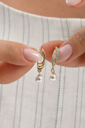 Gümüş altın yaldızlı zirkon taşlı sallantılı inci küpe SGTL13021GOLD