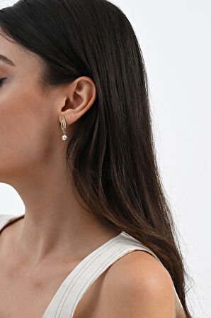 Gümüş altın yaldızlı zirkon taşlı sallantılı inci küpe SGTL13021GOLD