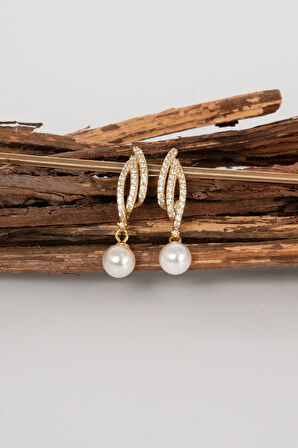 Gümüş altın yaldızlı zirkon taşlı sallantılı inci küpe SGTL13021GOLD