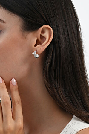 Gümüş rodyumlu zirkon taşlı modern kavisli inci küpe SGTL13024RODAJ