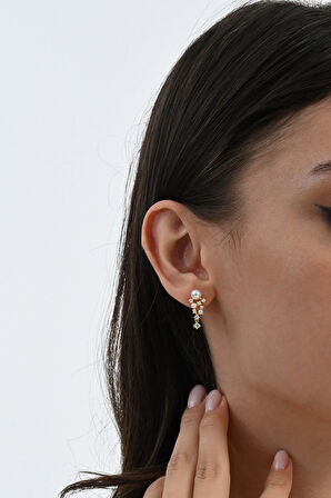 Gümüş altın yaldızlı zirkon taşlı incili salkım modeli küpe SGTL13026GOLD