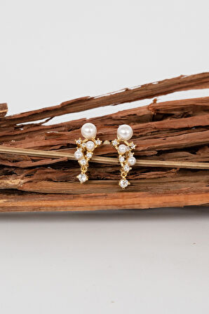 Gümüş altın yaldızlı zirkon taşlı incili salkım modeli küpe SGTL13026GOLD