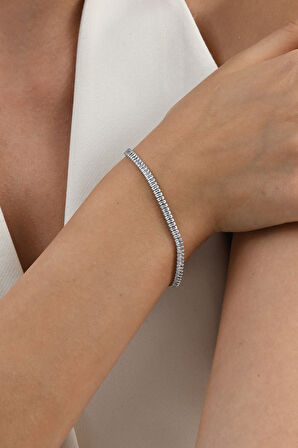 Gümüş rodyumlu baget kesim zirkon sıra taşlı su yolu modeli gümüş bileklik  SGTL13051RODAJ