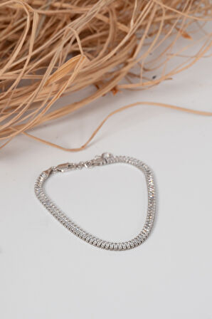 Gümüş rodyumlu baget kesim zirkon sıra taşlı su yolu modeli gümüş bileklik  SGTL13051RODAJ