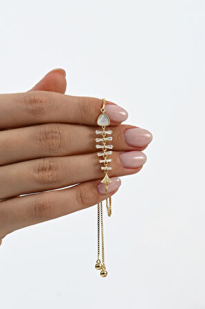 925 ayar gümüş altın yaldızlı sedef ve baget kesim zirkon taşlı asansörlü balık gümüş bileklik SGTL13057GOLD