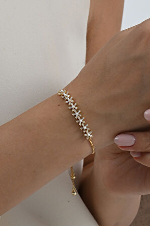 925 ayar gümüş altın yaldızlı inci ve baget kesim zirkon taşlı asansörlü çiçek gümüş bileklik SGTL13058GOLD