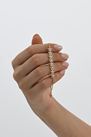 925 ayar gümüş altın yaldızlı inci ve baget kesim zirkon taşlı asansörlü çiçek gümüş bileklik SGTL13058GOLD