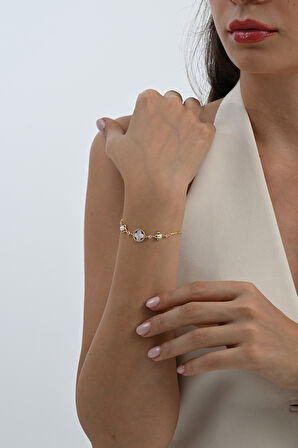 925 ayar gümüş altın yaldızlı inci, sedef ve zirkon taşlı asansörlü asil yonca gümüş bileklik SGTL13059GOLD