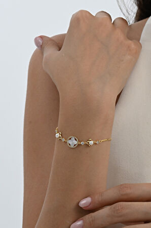 925 ayar gümüş altın yaldızlı inci, sedef ve zirkon taşlı asansörlü asil yonca gümüş bileklik SGTL13059GOLD