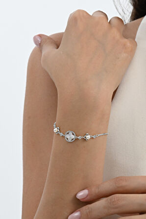 925 ayar gümüş rodyumlu inci, sedef ve zirkon taşlı asansörlü asil yonca gümüş bileklik SGTL13059RODAJ