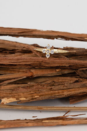 Gümüş altın yaldızlı zirkon taşlı tiny clover yonca yüzük 