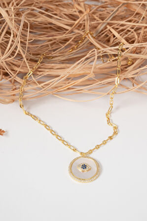 925 Ayar gümüş altın yaldızlı sedef ve zirkon taşlı koruyucu nazarlı gümüş kolye SGTL13089GOLD