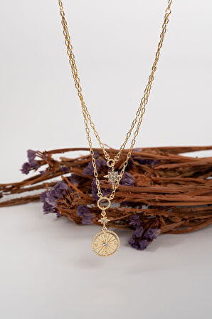 925 ayar gümüş altın yaldızlı zirkon taşlı pusula yıldızı gümüş kolye SGTL13093GOLD