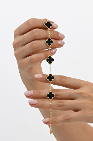 925 Ayar gümüş altın yaldızlı siyah sedef taşlı beş motifli gümüş yonca bileklik SGTL13107SIYAH