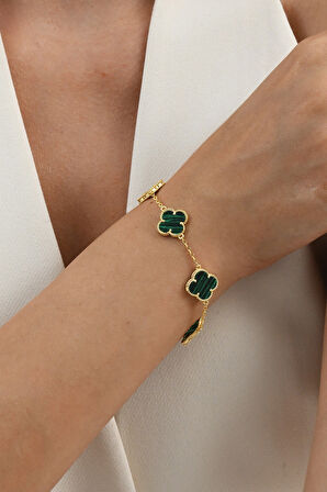 925 Ayar gümüş altın yaldızlı malakit (malahit) taşlı beş motifli gümüş yonca bileklik SGTL13107YESIL