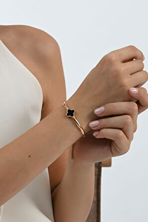 925 ayar gümüş rose siyah sedef taşlı yonca modeli asansörlü bileklik SGTL13117SIYAH