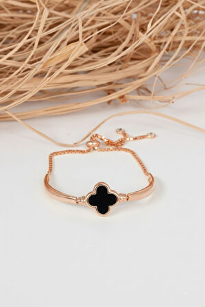 925 ayar gümüş rose siyah sedef taşlı yonca modeli asansörlü bileklik SGTL13117SIYAH