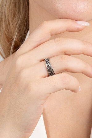 925 ayar gümüş yüzük oksitli üçlü sarmal zincir modeli ayarlamalı yüzük SGTL13121SIYAH