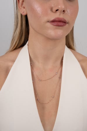 925 Ayar Gümüş Kolye Rose Kaplama Zirkon Taşlı Sıralı Uzun 100 cm Zincir Kolye SGTL13289ROSE