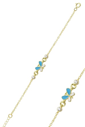 925 Ayar Gümüş Bileklik Altın Yaldızlı Mavi Mineli Kelebek Figürlü Çocuk Bileklik SGTL13295GOLD