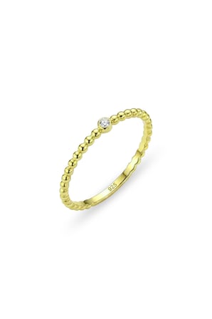 925 Ayar Gümüş Yüzük Altın Kaplama Gold İnce Top Boncuklu Tek Taş Yüzük - Minimalist Tasarım 