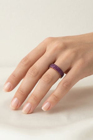 925 Ayar Gümüş Yüzük Üç Sıra Fuşya Zirkon Taşlı Işıltılı Tamtur Yüzük - Rose Altın Kaplama Lüks Alyans 