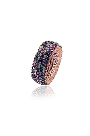 925 Ayar Gümüş Yüzük 5 Sıra Mix Renkli Taşlı Kalın Tamtur Yüzük Rose Gold Kaplama Işıltılı Fantezi Yüzük 