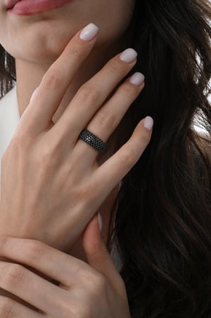 925 Ayar Gümüş Yüzük 5 Sıra Siyah Zirkon Taşlı Kalın Tamtur Yüzük - Lüks Rose Gold Kaplama Alyans 