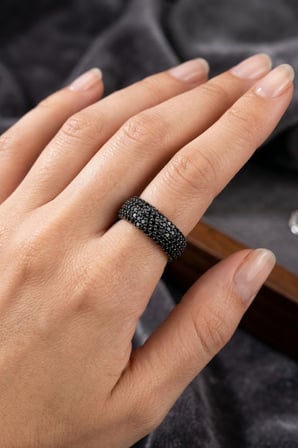 925 Ayar Gümüş Yüzük 5 Sıra Siyah Zirkon Taşlı Kalın Tamtur Yüzük - Lüks Rose Gold Kaplama Alyans 