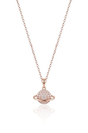 925 Ayar Gümüş Kolye Rose Zirkon Taşlı Evren Işıltısı Satürn Gezegen Kolye uzay Temalı SGTL13406ROSE