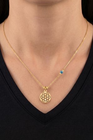 925 Ayar Gümüş Yaşam Çiçeği Kolye Altın Kaplama Nazar Boncuklu Dorika SGTL13408GOLD