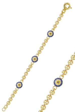 925 Ayar Gümüş Kuyumcu Model 9,5 mm Nazarlı Bileklik Altın Kaplama Doç Zincirli Üçlü Nazar SGTL13416GOLD