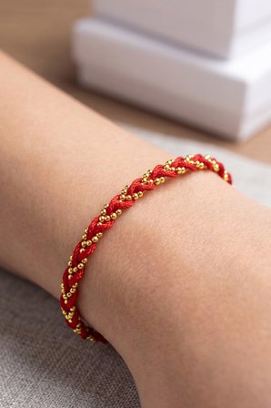925 Ayar Gümüş Altın Kaplama Dorika Toplu Kırmızı İp Örgülü Bileklik  SGTL13437GOLD