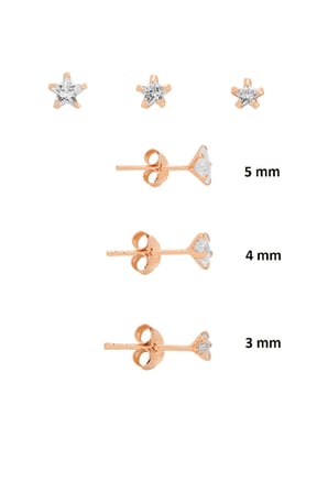 925 Ayar Gümüş Rose Kaplama 3'lü Tekli Kombin Set Yıldız Kesim Zirkon  Taşlı Minimal Küpe (3-4-5 mm) SGTL13528ROSE
