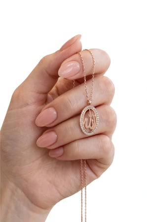 925 Ayar Gümüş Kolye Rose Kaplama Oval Çerçeve Zirkon Taşlı Işıltılı Allah Lafzı Kadın Kolye SGTL13541ROSE