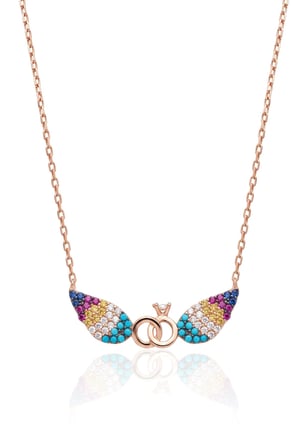 925 Ayar Gümüş Kolye Rose Gold Renkli Taşlı Kanatlı Tektaş Alyans Kadın Kolye Işıltılı Aşk Kanadı Kolye SGTL13545RENKLI