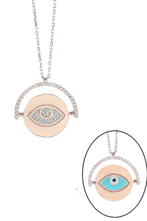 Gümüş çift taraflı mineli ve zirkon taşlı göz kolye