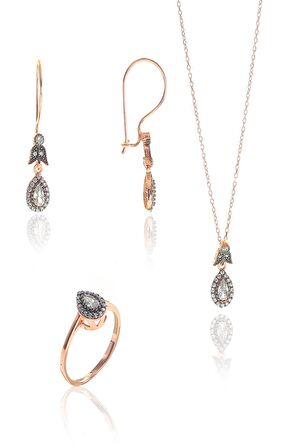 Gümüş rose zirkon taşlı elmas montürlü damla set