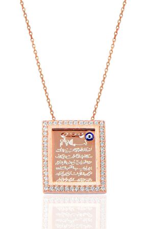 Gümüş rose çerçeveli zirkon taşlı Ayetel kürsü yazılı plaka kolye