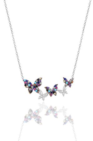 Gümüş renkli rodyumlu uçuşan kelebekler kolye