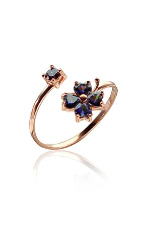 Gümüş mavi mistik taşlı yonca modeli ayarlamalı yüzük