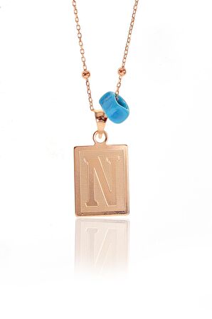 Gümüş N harfi ve turkuz taşlı top top zincirli kolye