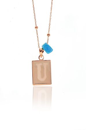 Gümüş U harfi ve turkuz taşlı top top zincirli kolye