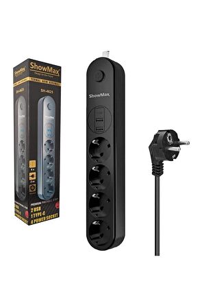 SH-4625 4Lü Akım Korumalı Priz 2 Metre Anahtarlı 10A 2500 Watt 2XUSB 1XType-c